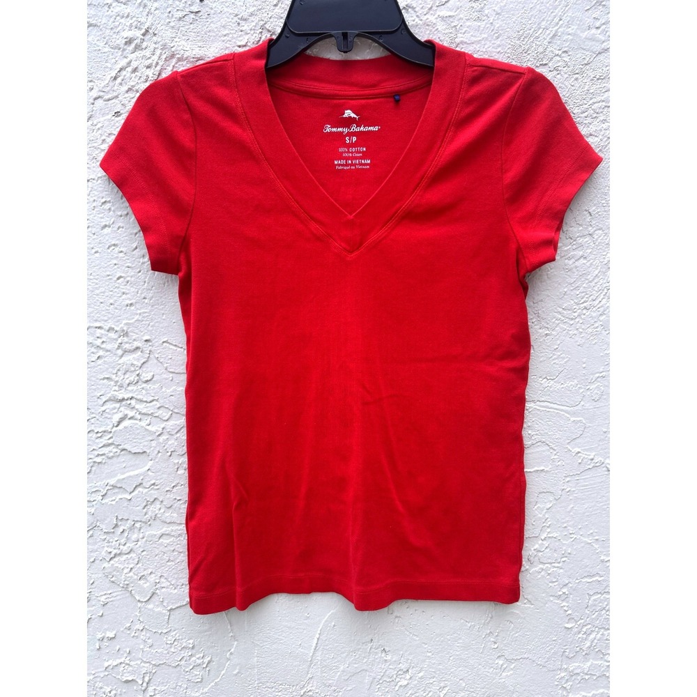 Tommy Bahama Womens Red 100% Cotton V-Neck Short Sleeve T-Shirt Size Small